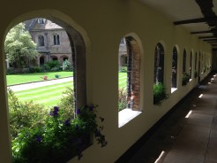A view through the arches at Queens' College, Cambridge, with petunias spilling over the window sills