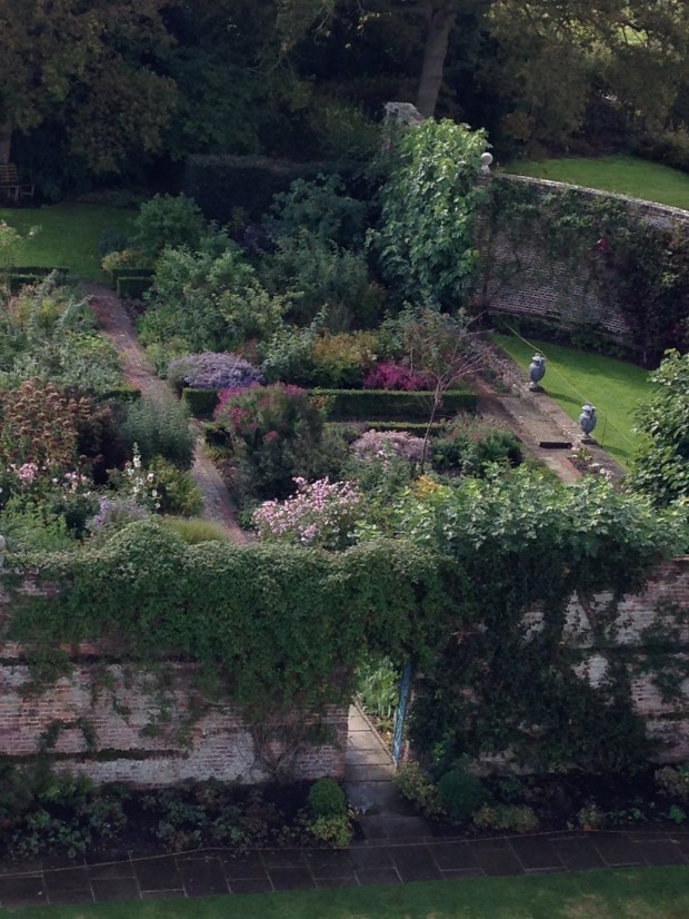 The Rose Garden, seen from the top of the tower, is divided into geometric shapes