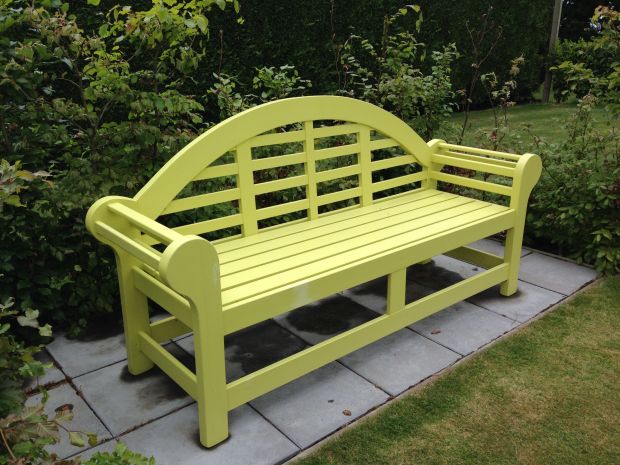 Lime coloured bench at Gravetye Garden