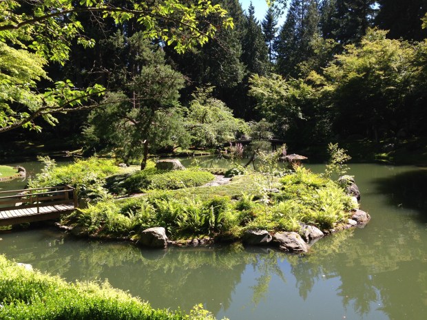 Bridge over to an island at Nitobe Japanese Garden
