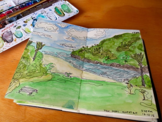 Our view from the hut on the fourth night; if only I could have told all by the story by these wonderful watercolours. Watercolour: Carma Jackson