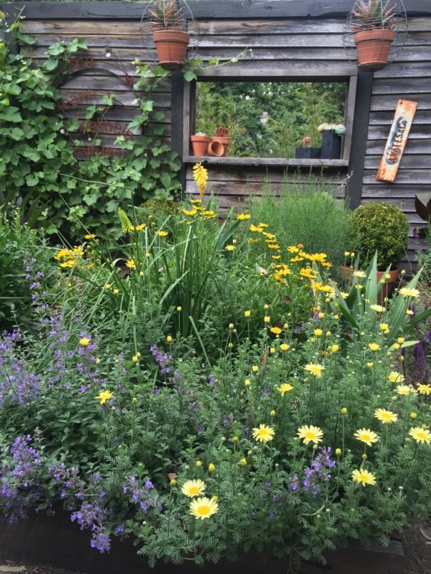 Abundant perennials give the air of a generous herbaceous border. The open 'window' provides views through to the fire pit area. Photo: Steven Wells