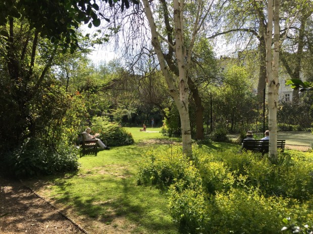 The tennis court sits comfortably at one end of Eccleston Square, nestled in amongst the trees