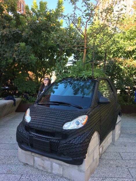 An apple tree growing out of a remodelled Smart car on the High Line