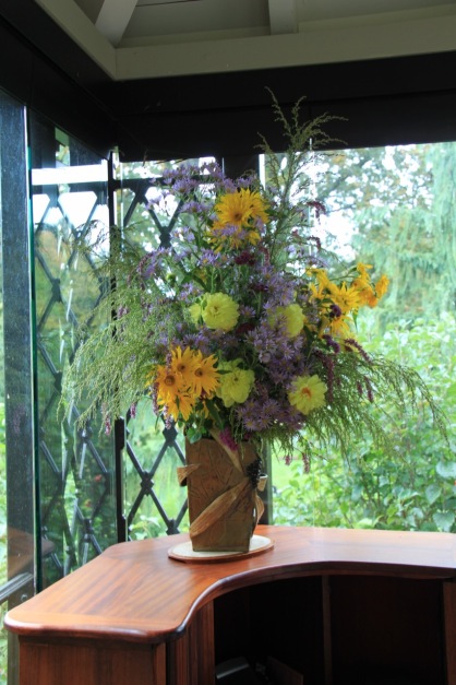 A beautiful arrangement of flowers from the cutting garden at reception