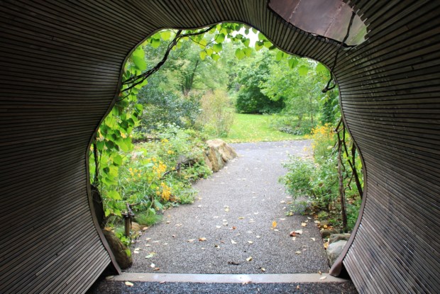 A bridge at Chanticleer was designed to represent a fallen tree trunk across the creek, through which you walk through
